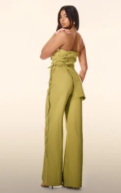 PLT Label Chartreuse Overlay Panel Lace Up Tailored Jumpsuit