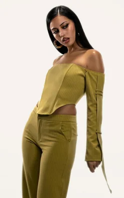 PLT Label Chartreuse Pinstripe Bardot Sleeve Detail Corset