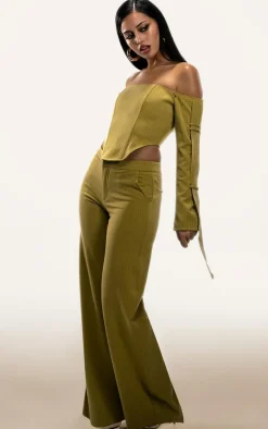 PLT Label Chartreuse Pinstripe Wide Leg Pants