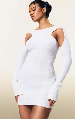 PLT Label Cream Knitted Cut Out Detail Mini Dress