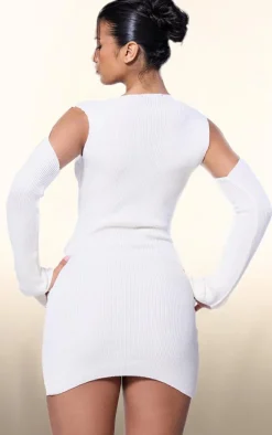 PLT Label Cream Knitted Cut Out Detail Mini Dress