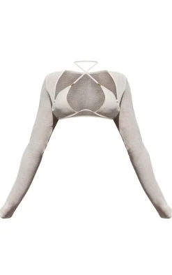 PLT Label Cream Sheer Strappy Cross Front Long Sleeve Bralet