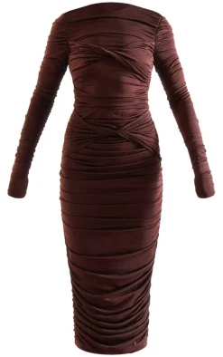 PLT Label Dark Brown Double Layer Slinky Asymmetrical Panel Midaxi Dress
