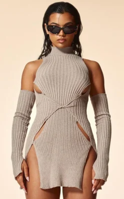 PLT Label Dark Taupe Knitted Twist Front Cold Shoulder Bodycon Dress