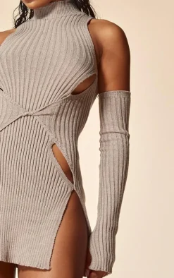 PLT Label Dark Taupe Knitted Twist Front Cold Shoulder Bodycon Dress