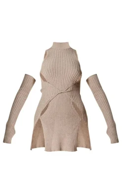 PLT Label Dark Taupe Knitted Twist Front Cold Shoulder Bodycon Dress