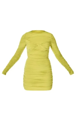 PLT Label Lime Extreme Ruched Twist Front Bodycon Dress