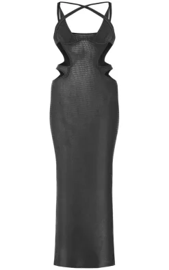 PLT Label Navy Textured Sheer Cut Out Detail Maxi Dress