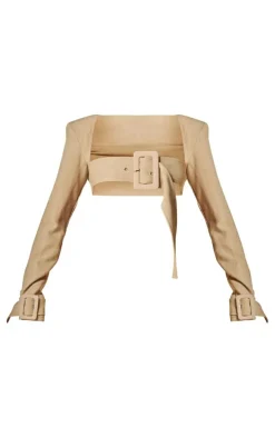PLT Label Oatmeal Belt Detail Cropped Blazer