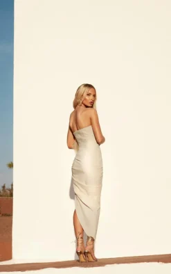 PLT Label Off White Plunge Ruched Midaxi Dress