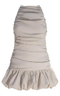 PLT Label Off White Ruched Puff Hem Strappy Bodycon Dress