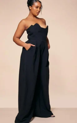 PLT Label Plus Black Corset Bust Detail Wide Leg Tailored Jumpsuit