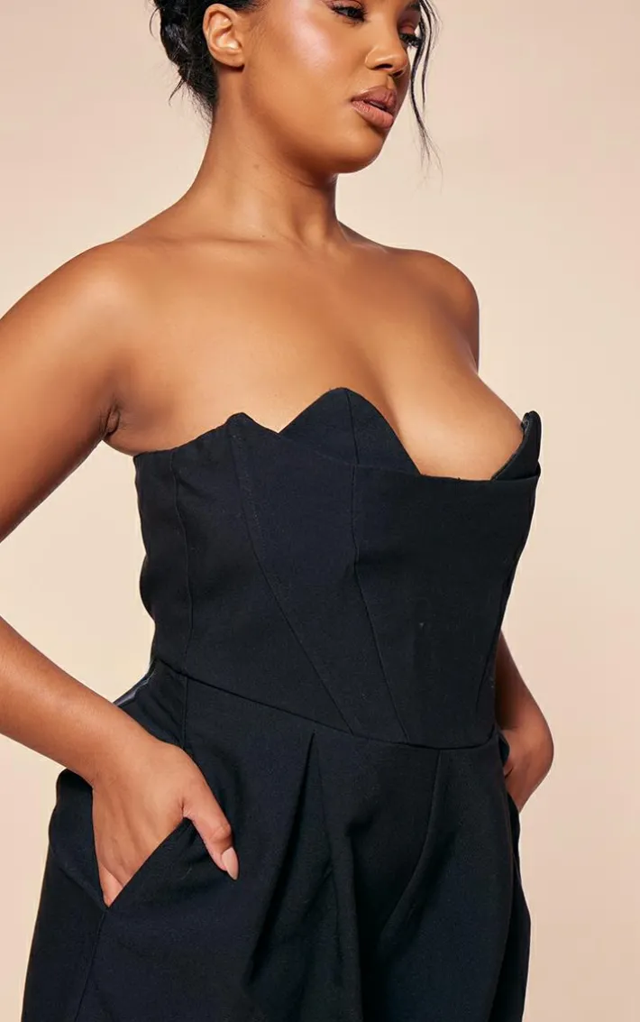 PLT Label Plus Black Corset Bust Detail Wide Leg Tailored Jumpsuit