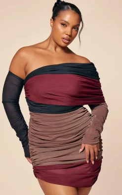 PLT Label Plus Burgundy Bandage Mesh Panel Ruched Asymmetrical Bodycon Dress