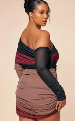 PLT Label Plus Burgundy Bandage Mesh Panel Ruched Asymmetrical Bodycon Dress