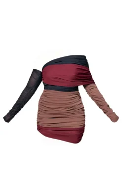 PLT Label Plus Burgundy Bandage Mesh Panel Ruched Asymmetrical Bodycon Dress
