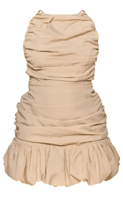PLT Label Plus Off White Ruched Puff Hem Strappy Bodycon Dress