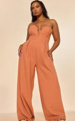 PLT Label Plus Rust Plunge Wide Leg Jumpsuit