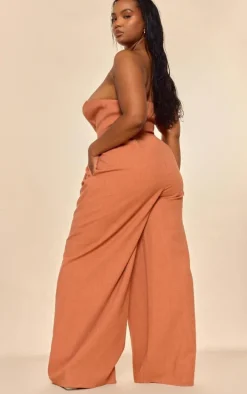PLT Label Plus Rust Plunge Wide Leg Jumpsuit
