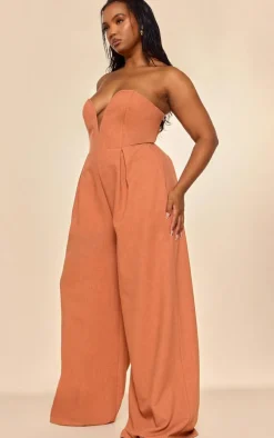 PLT Label Plus Rust Plunge Wide Leg Jumpsuit