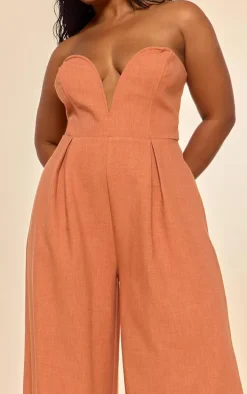 PLT Label Plus Rust Plunge Wide Leg Jumpsuit