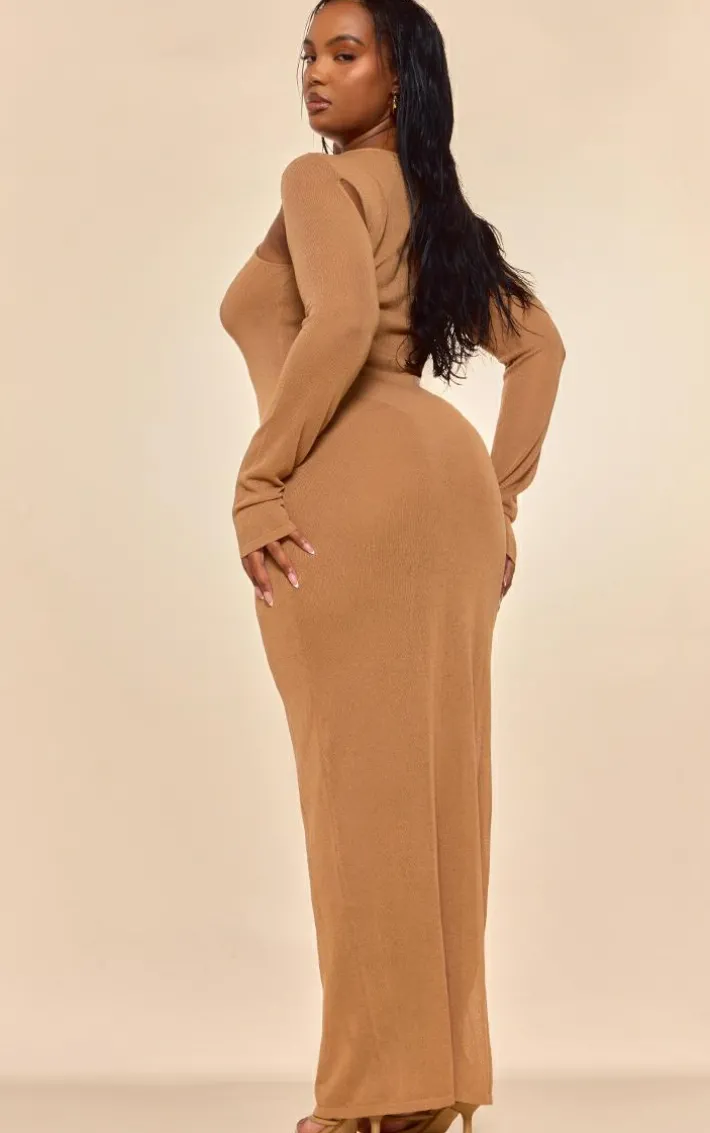 PLT Label Plus Tan Knitted Twist Detail Maxi Dress