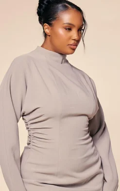 PLT Label Plus Taupe Batwing Sleeved Cinched Waist Bodycon Dress