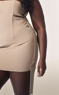 PLT Label Plus Taupe Pinstripe Bardot Corset Bodycon Dress