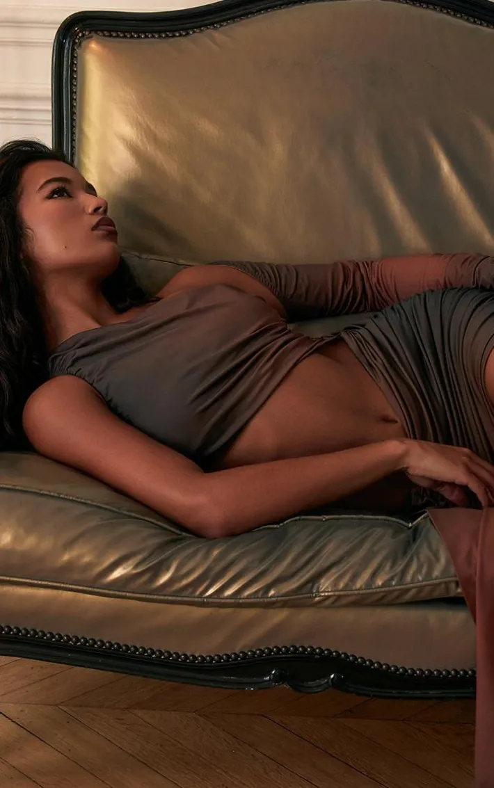 PLT Label Rust Ombre Print Lined Slinky Cut Out Ruched Bodycon Dress