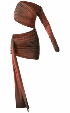 PLT Label Rust Ombre Print Lined Slinky Cut Out Ruched Bodycon Dress