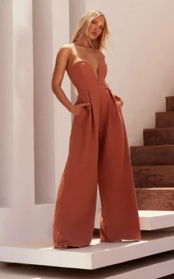 PLT Label Rust Plunge Wide Leg Jumpsuit