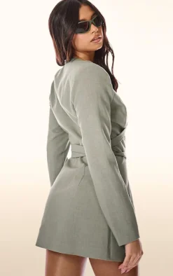 PLT Label Sage Green Strap Detail Cross Over A-line Blazer Dress
