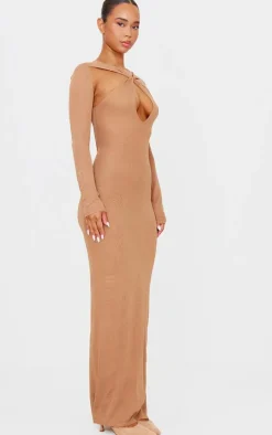 PLT Label Tan Knitted Twist Detail Sheer Maxi Dress