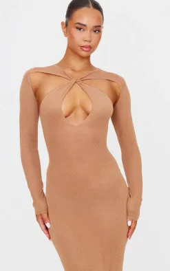 PLT Label Tan Knitted Twist Detail Sheer Maxi Dress
