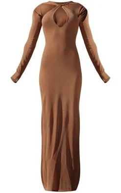 PLT Label Tan Knitted Twist Detail Sheer Maxi Dress