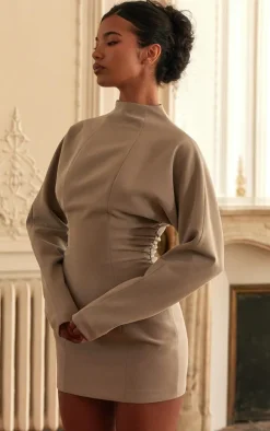 PLT Label Taupe Batwing Sleeved Pleated Bodycon Dress