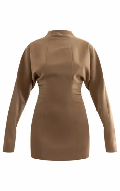 PLT Label Taupe Batwing Sleeved Pleated Bodycon Dress