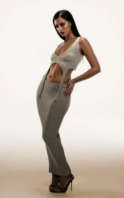 PLT Label Taupe Knitted Maxi Skirt
