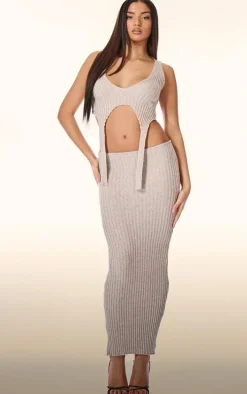 PLT Label Taupe Knitted Maxi Skirt