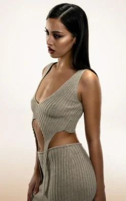 PLT Label Taupe Knitted Strap Detail Top