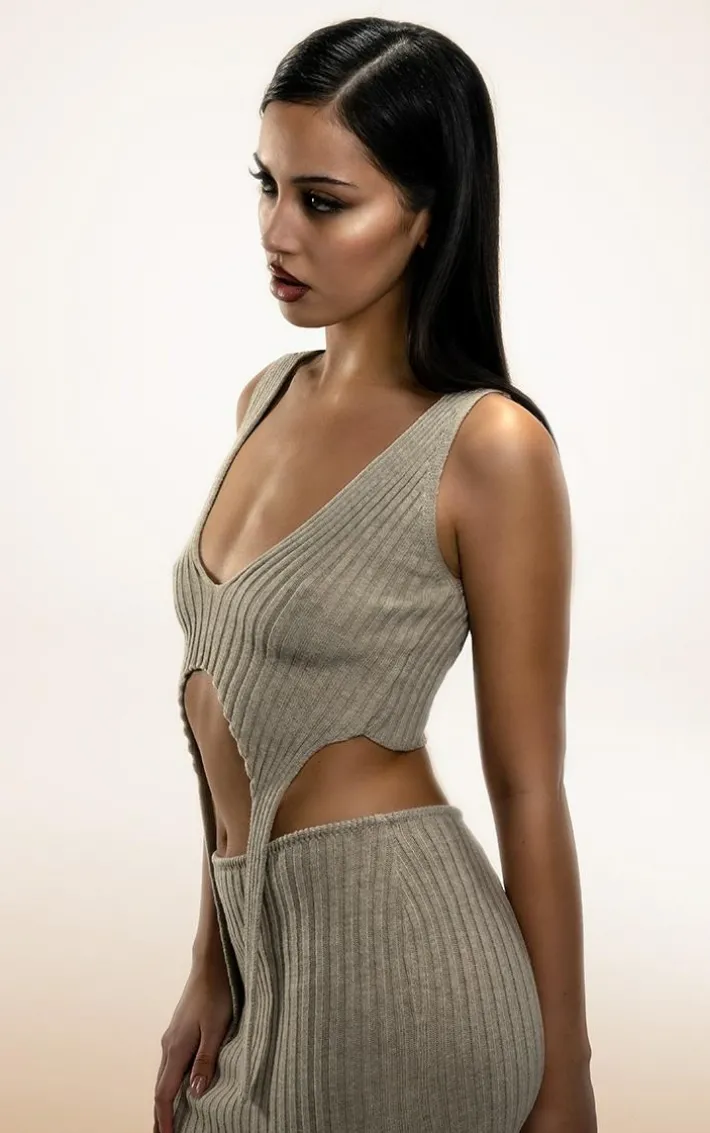 PLT Label Taupe Knitted Strap Detail Top