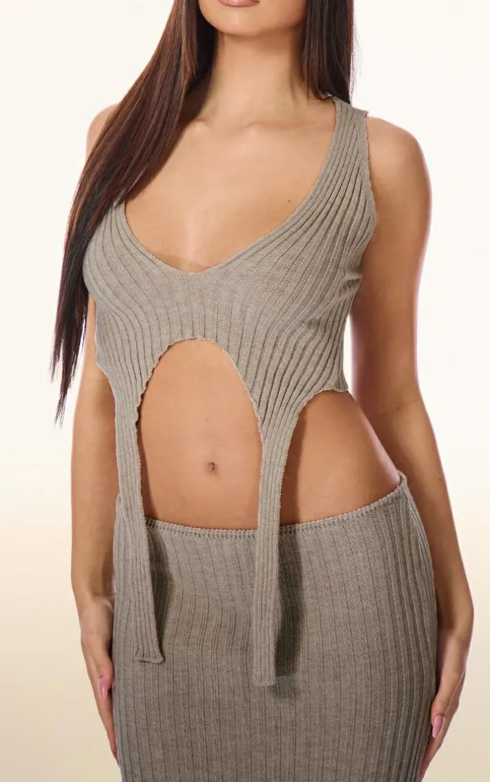 PLT Label Taupe Knitted Strap Detail Top