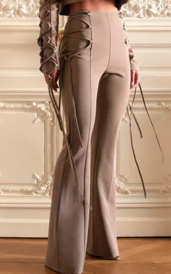 PLT Label Taupe Lace Up Extreme High Waisted Tailored Pants