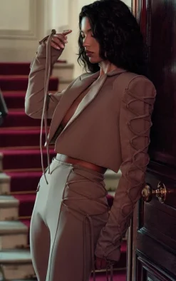 PLT Label Taupe Lace Up Extreme High Waisted Tailored Pants