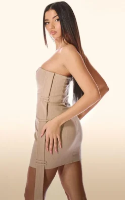 PLT Label Taupe Pinstripe Bandeau Corset Bodycon Dress