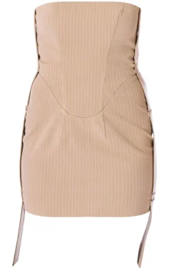 PLT Label Taupe Pinstripe Bandeau Corset Bodycon Dress