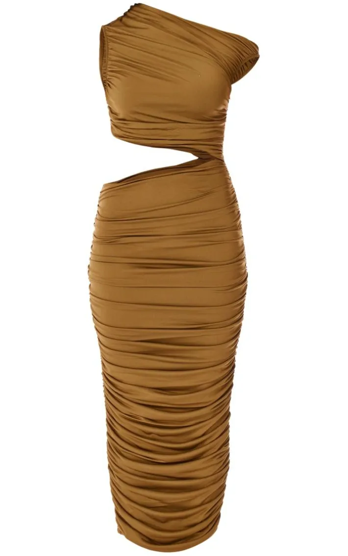 PLT Label Tobacco One Shoulder Ruched Cut Out Maxi Dress