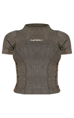 PLT SPORT Black Acid Wash Seamless Rib Metallic Badge Gym Top