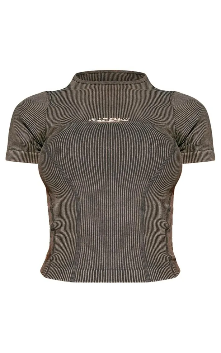 PLT SPORT Black Acid Wash Seamless Rib Metallic Badge Gym Top