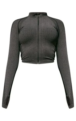 PLT SPORT Black Acid Wash Seamless Rib Panel Zip Up Sports Jacket